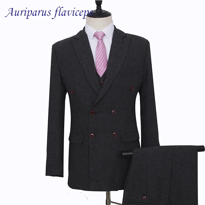 

Black Harringbone Man Suit Black Tweed Wedding Suit Double Breasted Blazer for Groom Tuxedos Groomsman Suit (Jacket+pants+vest)