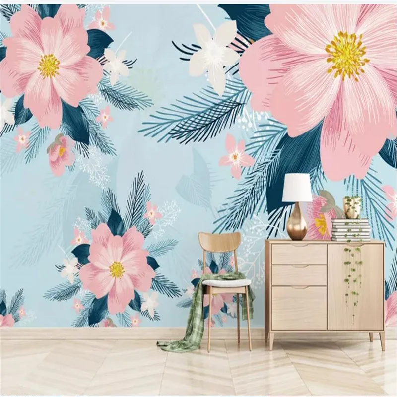 

Custom wallpaper retro modern minimalist hand-painted flowers and birds garden small fresh background wall waterproof material