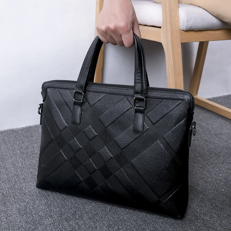 

BAQI Men Briefcase Bag Genuine Cow Leather Men HandBags 2019 Fashion Plaid Man Shoulder bags Messenger Bag Computer Business Bag