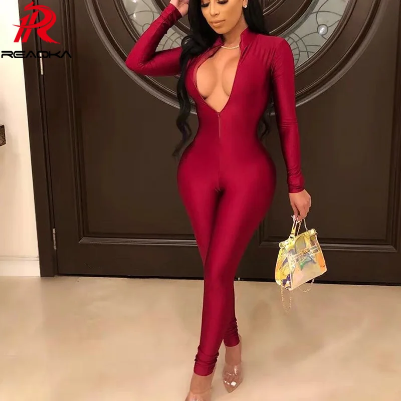 winter Sexy Red Long sleeve bodysuit women Plain Skinny Deep V neck