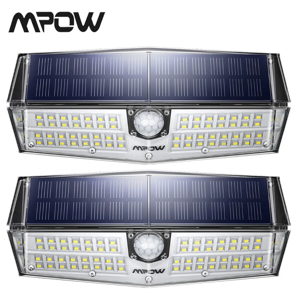 

2 Pack MPOW 66 LED Motion Sensor Solar Lights 3 Lighting Modes Powerful IP66 Waterproof Wall Lamps Luz Solar Led Para Exterior