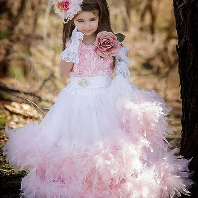Best price at $138 Cheap Dusty Rose Romance Fabulous Embroidered Mesh Gown Pink Rosette Crystal Beading Sleeveless Cupcake Feather Flower Girl Dress 12