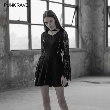 

PUNK RAVE Casual Gothic Lace Sleeves Hollow-out Sexy Mini Dresses Steampunk Women A-Line Black Club Party Dresses