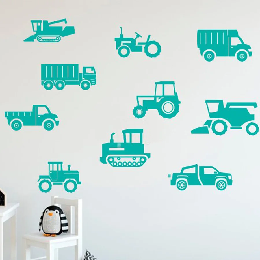 Набор из 10 строительных автомобилей стикер на стену для мальчиков комната стены креативные настенные наклейки Искусство стикер s Декор детской N181