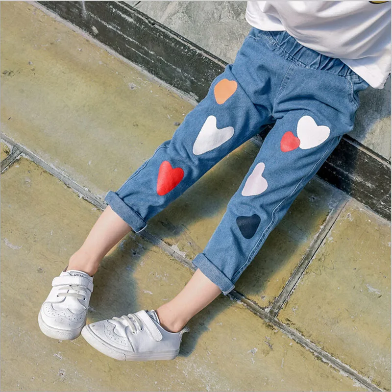 Hot Sale Heart Printed Girls Jeans Spring Autumn Denim Cotton Pants for