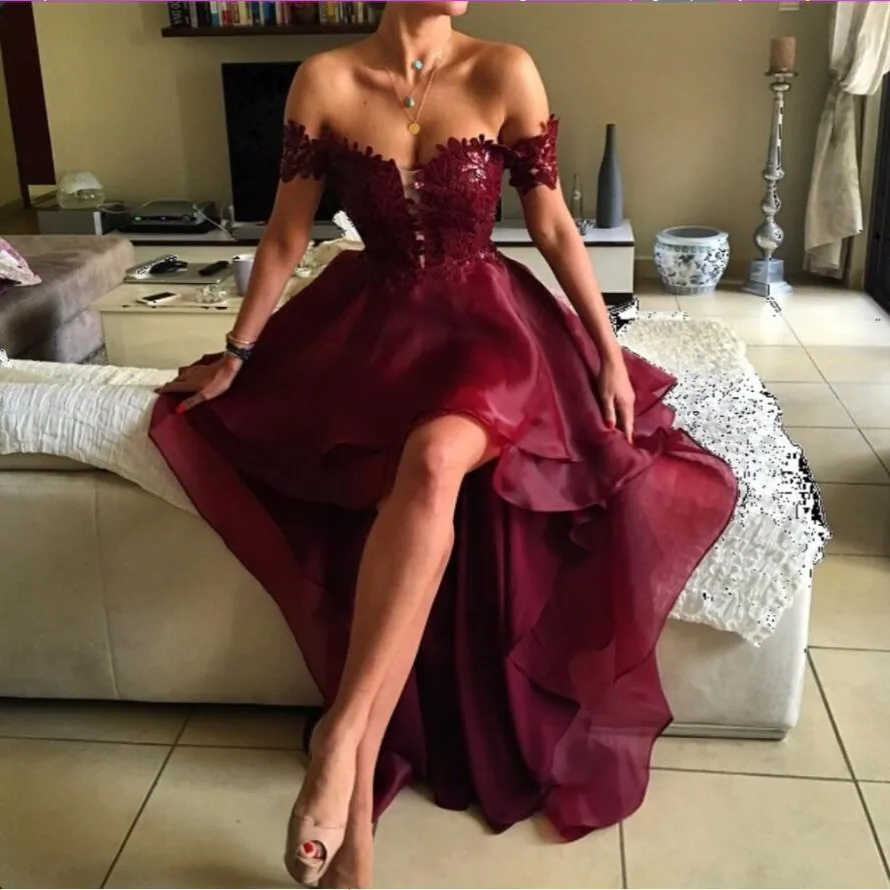 

Off the Shoulder Hi Low Burgundy Short Prom Dress Cocktail Homecoming Dress Party Dress Short Front Long Back with Lace