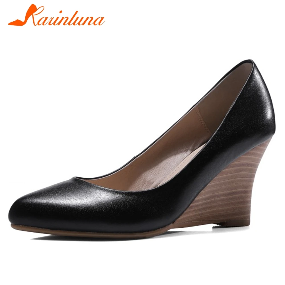 

KARINLUNA New Top Quality Genuine Cow Leather Shoes Pumps Woman Lady High Heels Pumps Woman Summer Women Wedges Shoes Woman