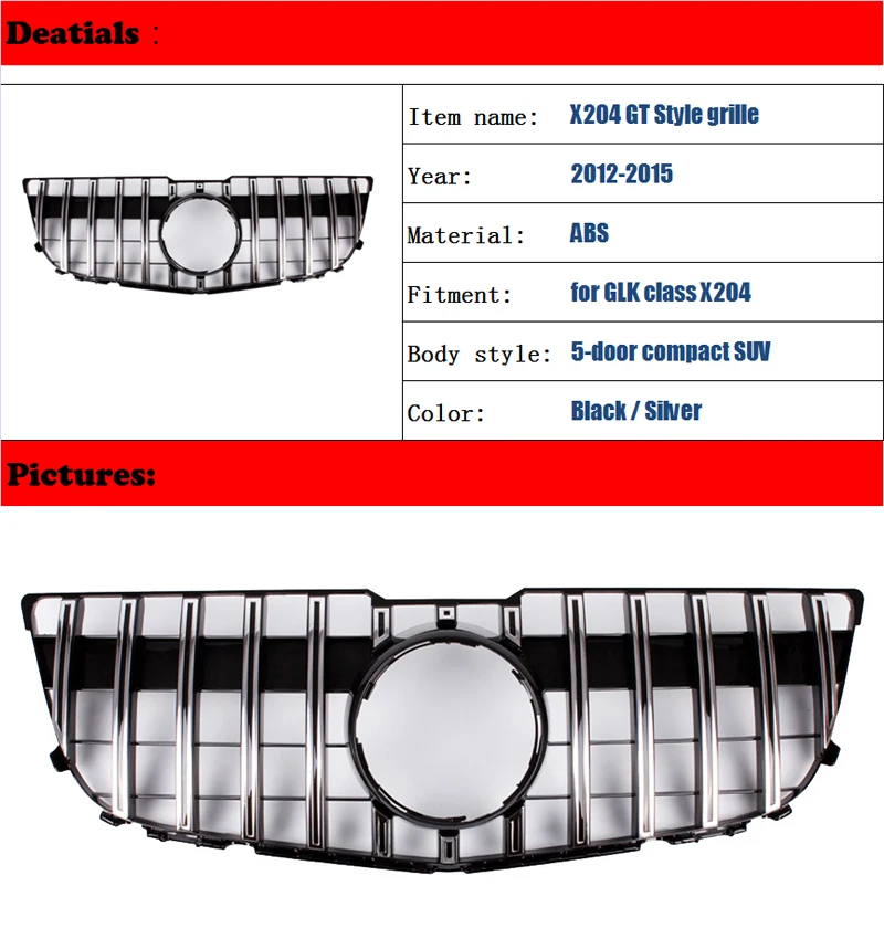 X204 GT гриль для Mercedes GLK класс X204 5-дверный внедорожник 2012- GLK200 GLK250 GLK300 GLK350 GT R GTR Стиль передний капот решетка