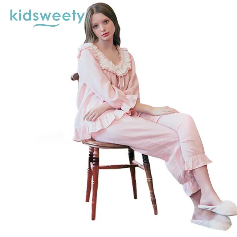 

Kidsweety Maternity Sleepwear Summer Pink Cotton Plain Falbala Lace Tops Bottom Homewear Lactation Pleated Maternity Sleepwear