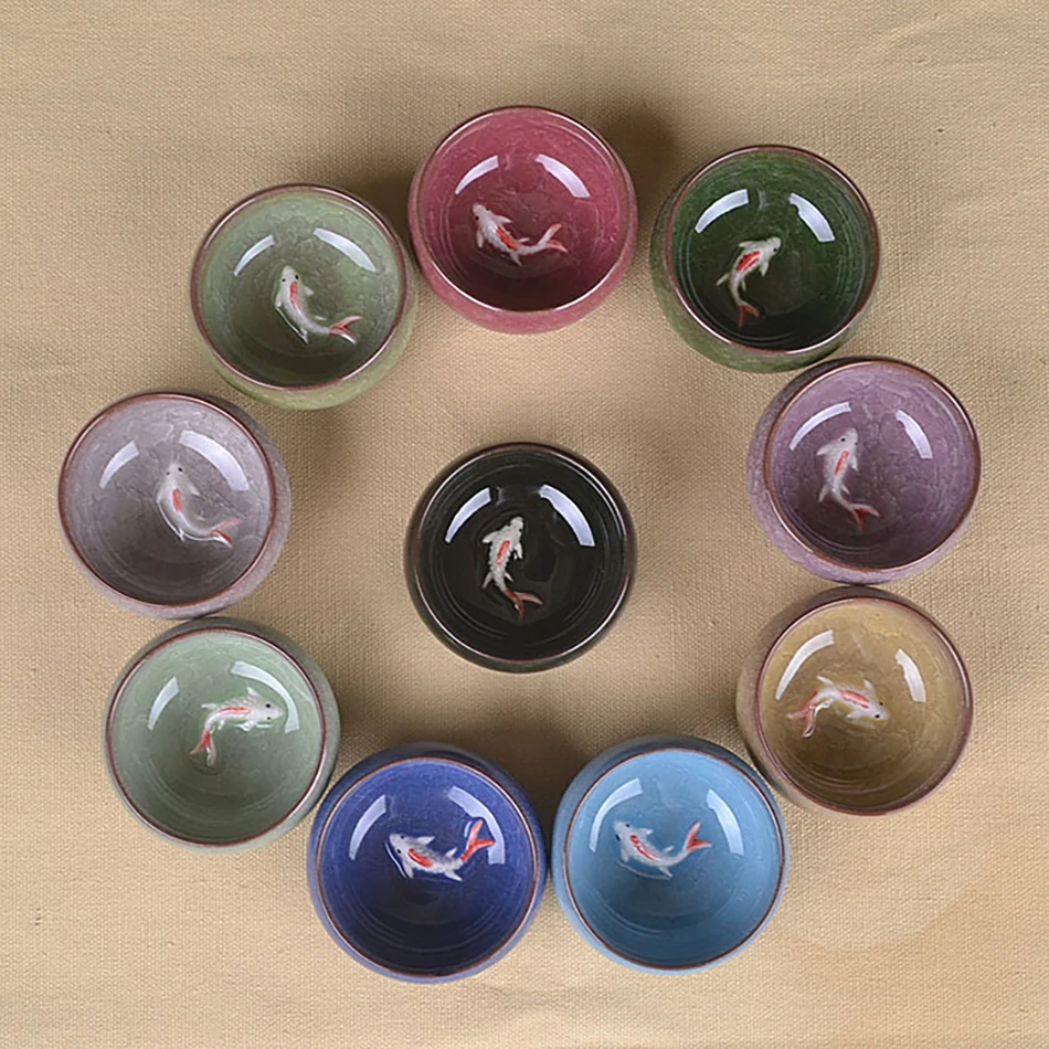 

1pc Ice cracked glazed 3D carp Teacup colorful fish ceramic cups kung fu tea set 10 colors host cup Kongfu Tea Cup