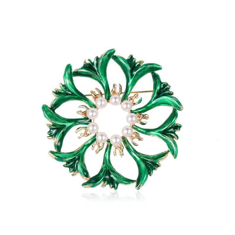 

baiduqiandu Creative Enamel Green Flower Brooch Pins Simulated Pearl Brooches for Women Hijab Scarf Clip Jewelry
