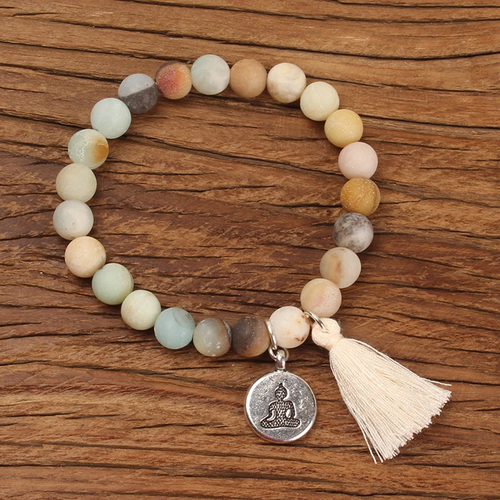Natural Stone Lotus Buddha Charm Mala Bracelet with Tassel Turkoois