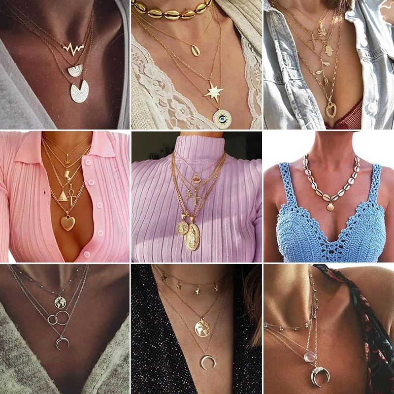 

Charm Hollow Lotus Coco Cross Virgin Mary Pendant Multilayer Gold Necklace Bohemian Lady Summer Jewelry Wear Women Necklace Set