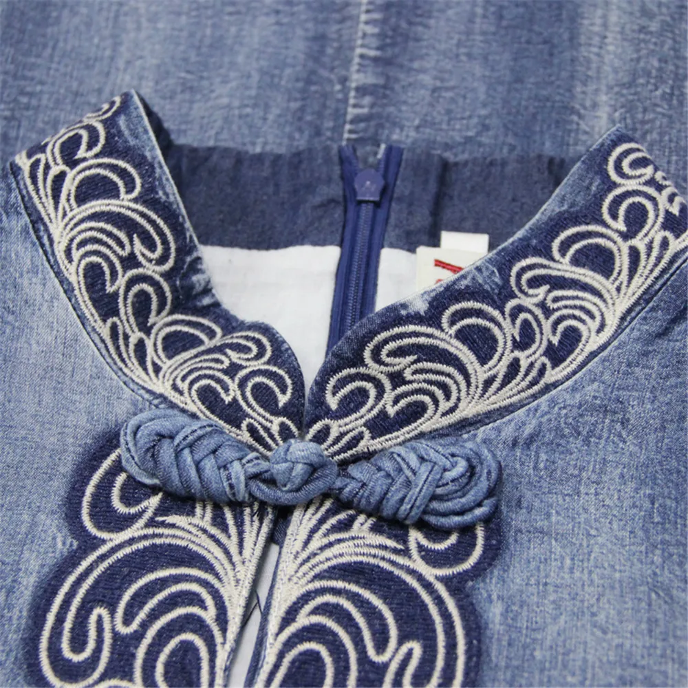 Vintage Cheongsam Summer Dress 2019 Denim Women Dresses Mandarin Collar 34 Sleeve Flower Embroidery Dress A82136 Vestidos (2)