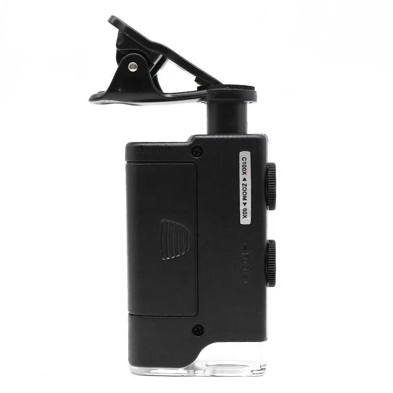 10 pcs/lot Cell Phone Clip-on Microscope 60X-100X Illuminated Monocular Microscope Universal Clip Magnifying Glass LED UV Lamp