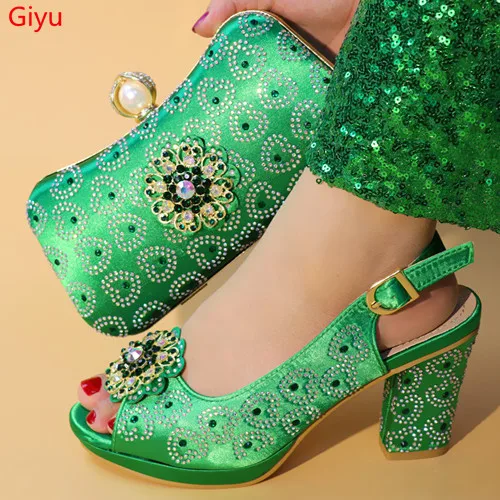 Doershow new come Matching Women Shoe and Bag Set Decorated green Nigerian  Shoes and Bag Set Italy Shoes and Bag set HJL1-13