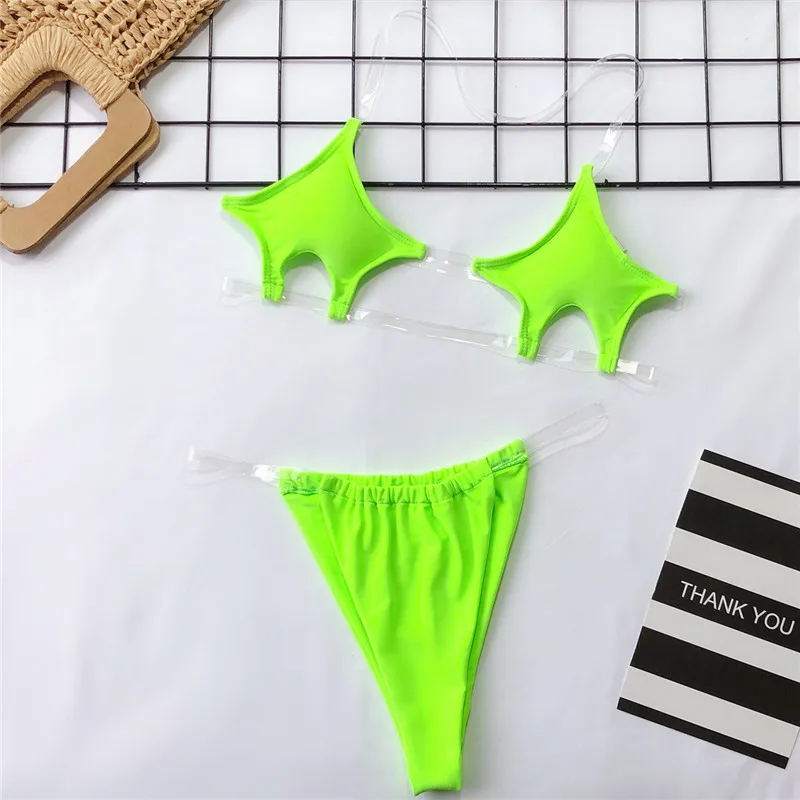

2019 Sexy Women Swimwear Bikini Set Push-up Padded Bra Bandage Star Swimsuit Bathing Suit Clear Solid Color Brazilian Beachwear