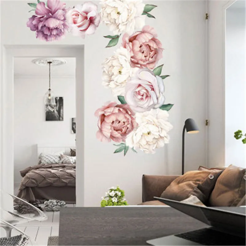 Большие розовые цветы, пионы на стены, Наклейки, романтические цветы, домашний декор, Настенная Наклейка для спальни, гостиной, обои, Muursticker
