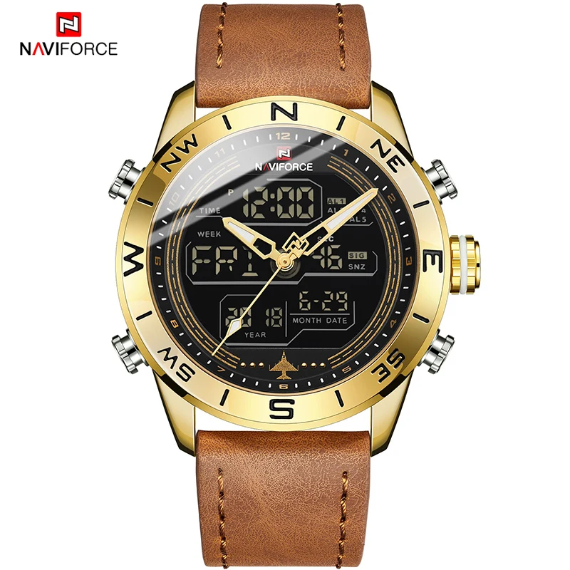 NAVIFORCE 9144 модные золотые мужские спортивные часы мужские s светодиодный аналоговые цифровые часы армейские военные кожаные кварцевые часы Relogio Masculino - Цвет: Gold