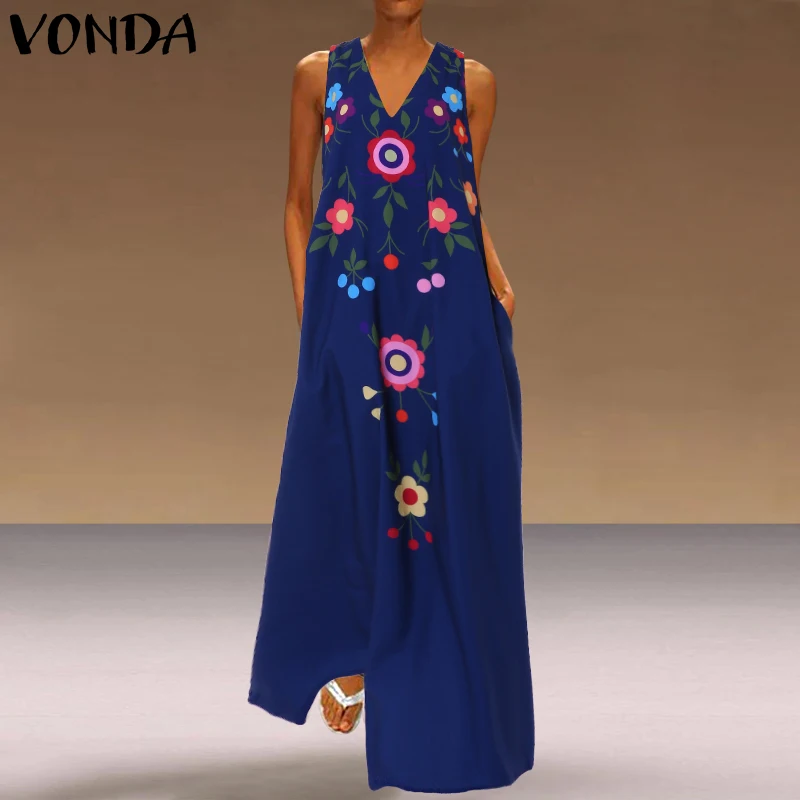 

VONDA Plus Size Bohemian Dress Casual V Neck Sleeveless Floral Printed Maxi Dress Femme Party Holiday Beach Vestido S-5XL