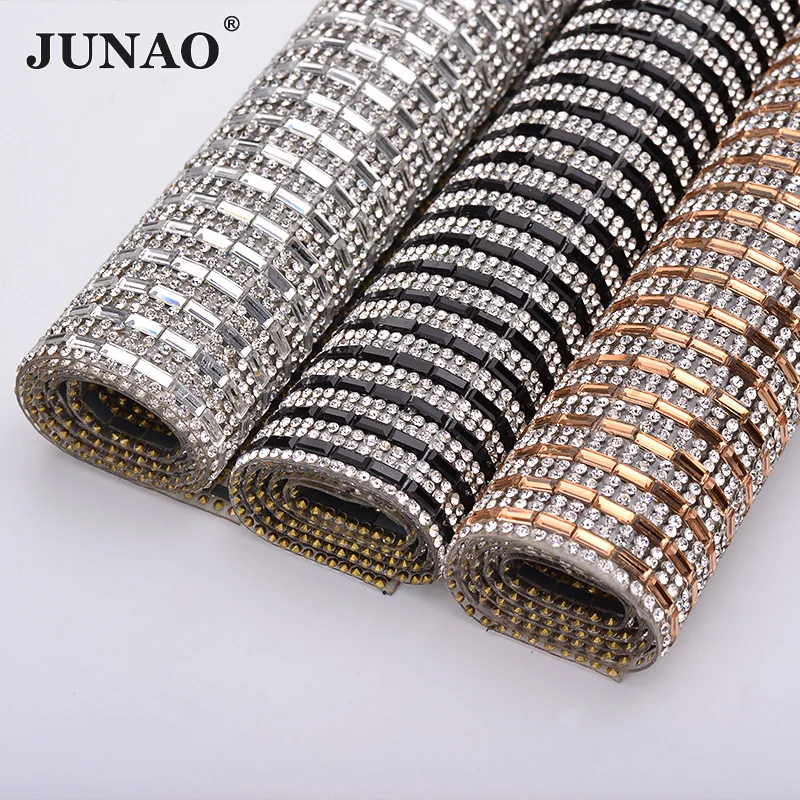

JUNAO 24*40cm Clear Black Hotfix Rhinestone Mesh Crystal Fabric Sheet Glass Trim Applique Strass Ribbon Clothes Jewelry Crafts