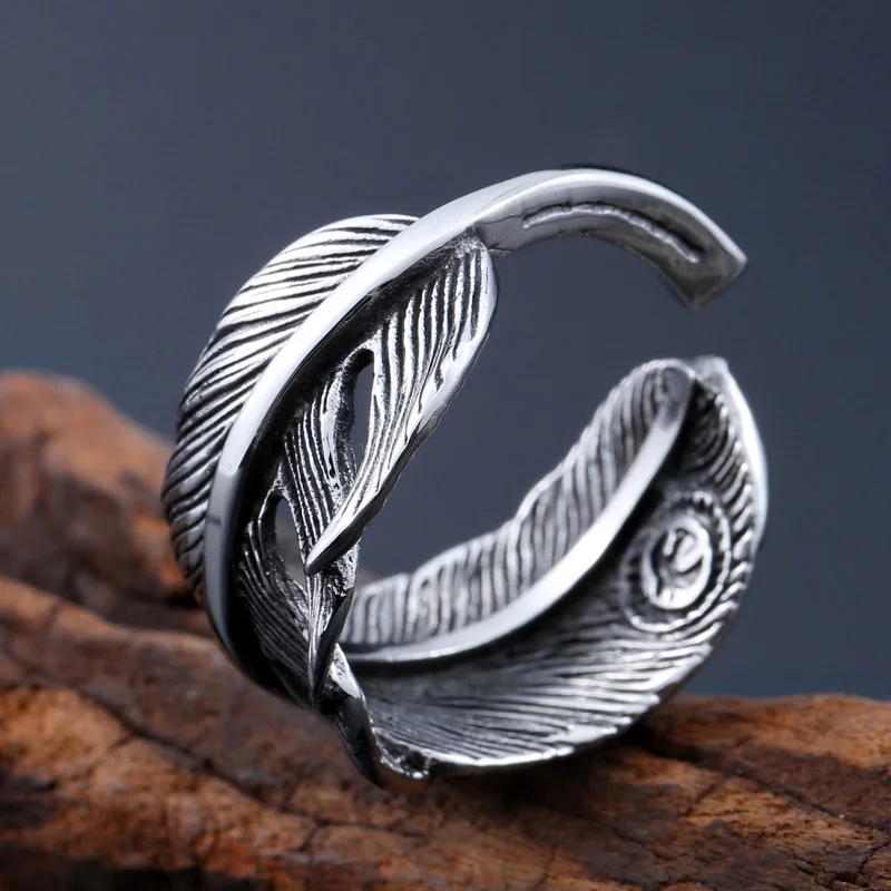 

Punk Vintage Style Titanium Steel Feather Ring Mens Retro Rock Ring High Quality Party Jewelry Male