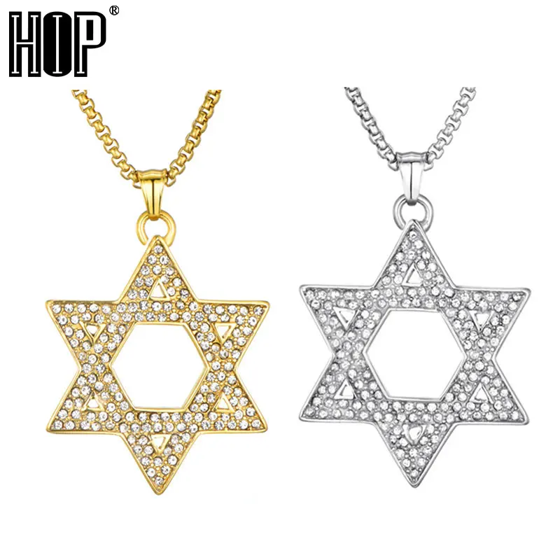 

HIP Hop Bling Iced out Jewish Magen Star Pendant Necklace Gold Color 316L Stainless Steel Necklaces & Pendants for Men Jewelry