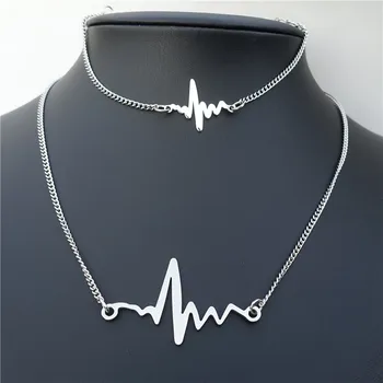 

Stainless Steel Electrocardiogram Jewelry Set Necklace Bracelet For Women Girls 12 sets / Lot