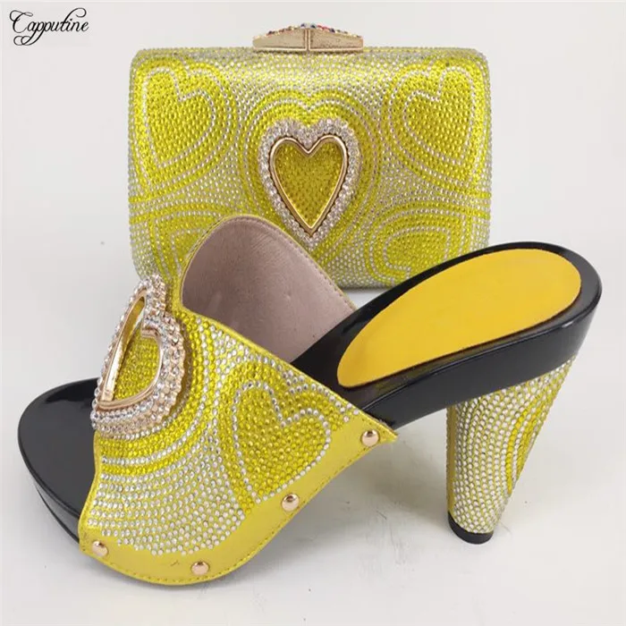 

Latest sandal shoes and handbag sets with rhinestones yellow pump shoes with handmade bag for party 226-88 heel height 12cm