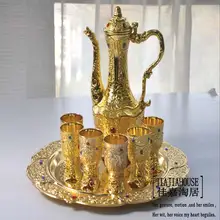 8 Unids/set antiguo antiguo de aleación de zinc de metal set de vino 1 vino frasco taza bandeja vasos vajilla en relieve tallado oro plata