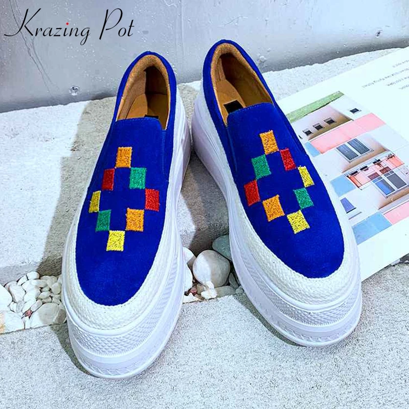 

Krazing Pot 2019 sheep suede round toe slip on sneaker flat platform design mixed color preppy style lady vulcanized shoes L18