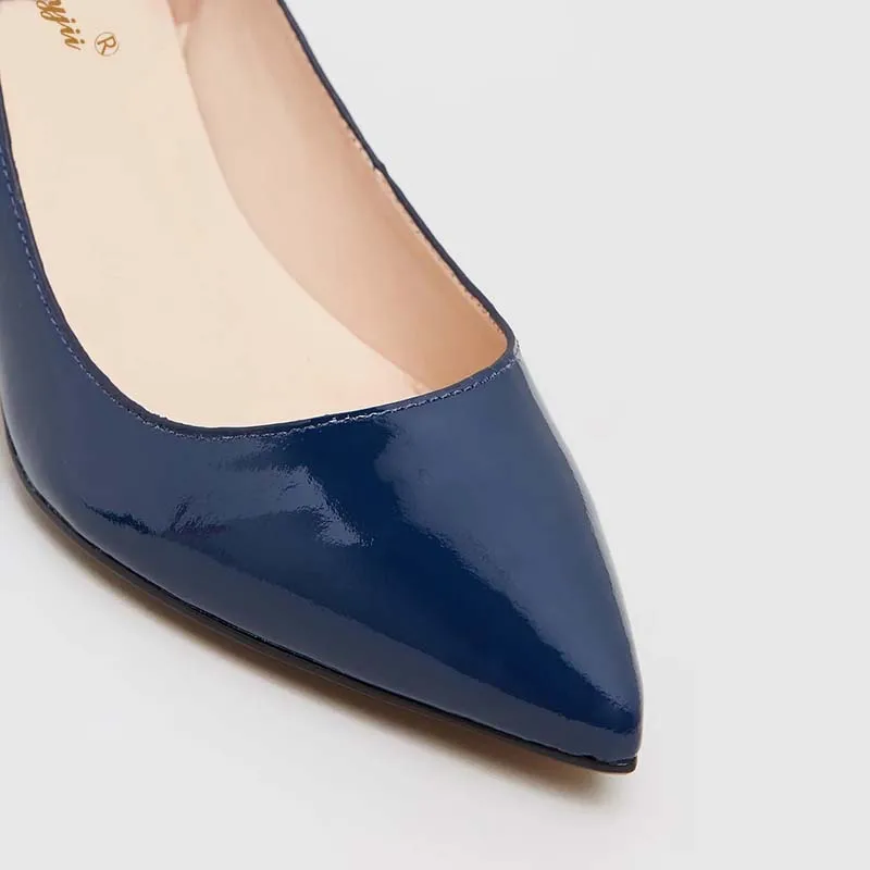 Темно-синие туфли-лодочки на не сужающемся книзу массивном среднем ...