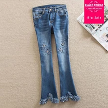 7XL плюс размер модные брендовые хлопковые расклешенные джинсы женские элегантные вышитые бисером эластичные джинсы длиной до щиколотки wj2196