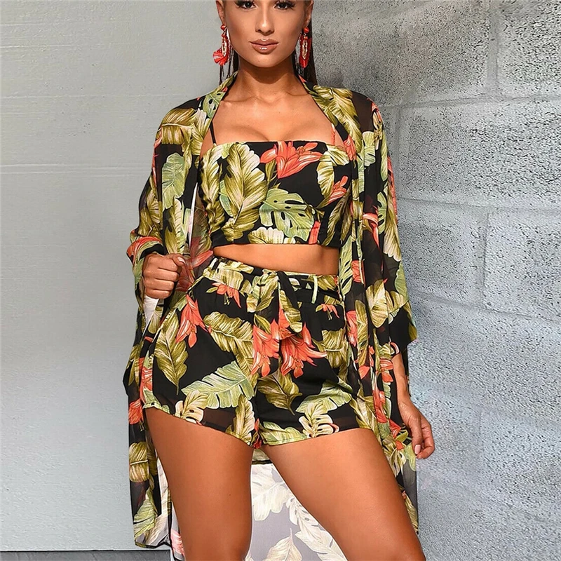 Summer New Women Boho 3Pcs Floral Print Cardigan Blouse+Crop Top+Shorts Lady Holiday Beach Three Pieces Set Casual Shorts Sets lingerie set Women's Sets