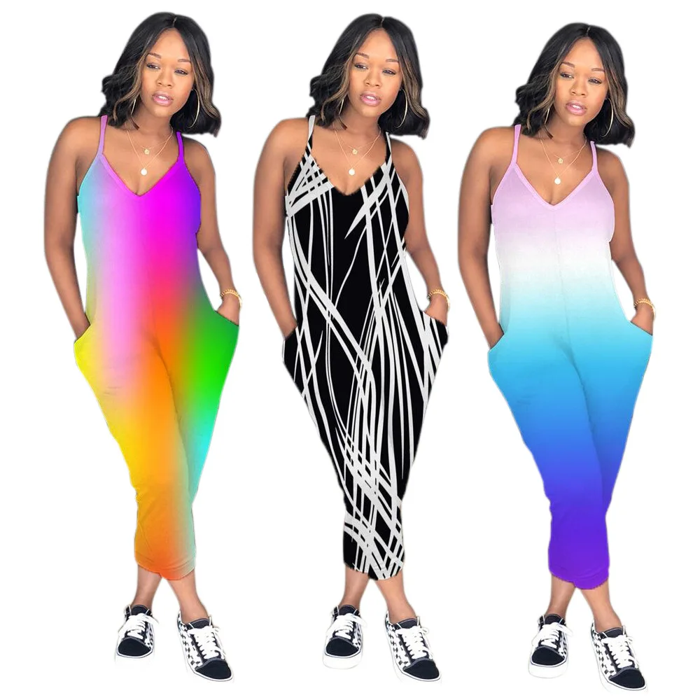 Gradient Color Jumpsuits Women Rompers Summer Rainbow Print V-Neck Spaghetti Strap Overalls With Pockets Bodysuits Plus Size 3XL Jumpsuits and Playsuits