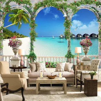 

Custom Wallpaper European Style 3D Stereoscopic Rome Column Seaside Landscape Photo Wall Murals Living Room Dining Room Frescoes