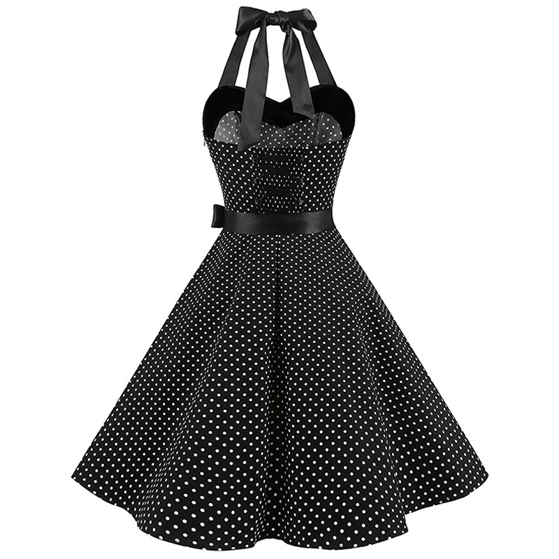 Kostlich Summer Dot Dress Sexy Halter Backless Women Vintage Dress Swing Elegant Party Dresses Plus Size Sashes With Bow Tie (7)