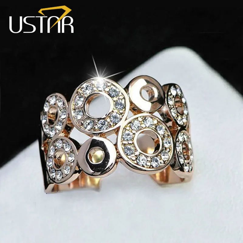 

USTAR Hollow out Carving Wide finger Rings For Women Rose Gold color Austria crystals wedding rings female Vintage Anel Bijoux
