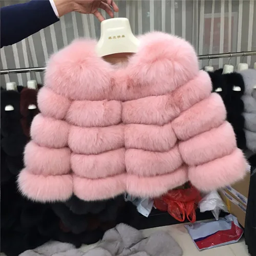 Новинка! Модное темно-серое пальто с натуральным мехом, Женское пальто с натуральным лисьим мехом, зимняя теплая одежда с рукавами три четверти - Цвет: Pink