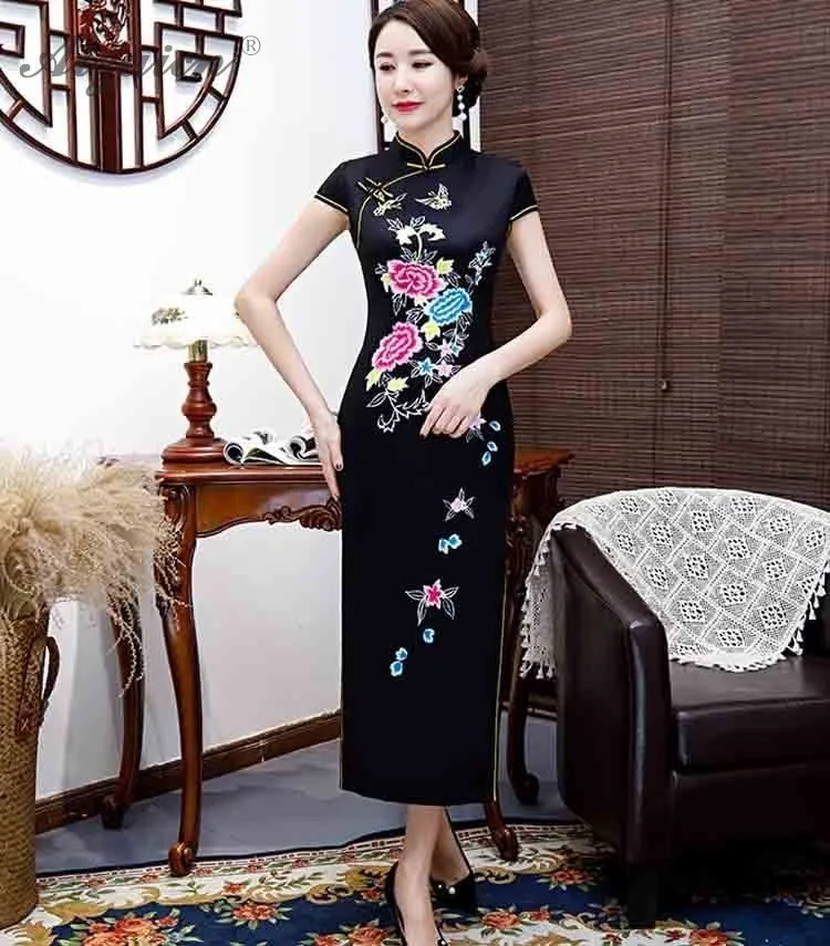 Чино традиционное vestido negro Cheongsam larga vestidos Chinoise madre Qi Pao bata Восточное винтажное vestido talla Plus Qipao