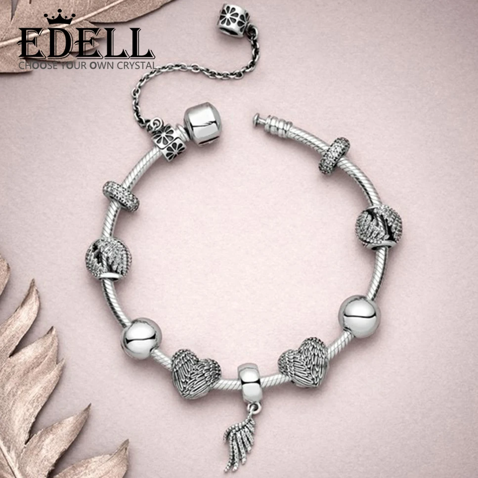 

EDELL 100% 925 Sterling Silver 1:1 ANGELIC MAJESTIC FEATHERS HANGING CHARM Love Beaded Pendant Fashion Bracelet Gift Set