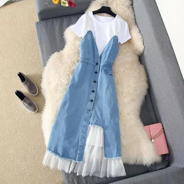 

2019 Summer Dress Suit Denim Mesh Patchwork Slim Dress Office Lady Work Dress robe femme DC852