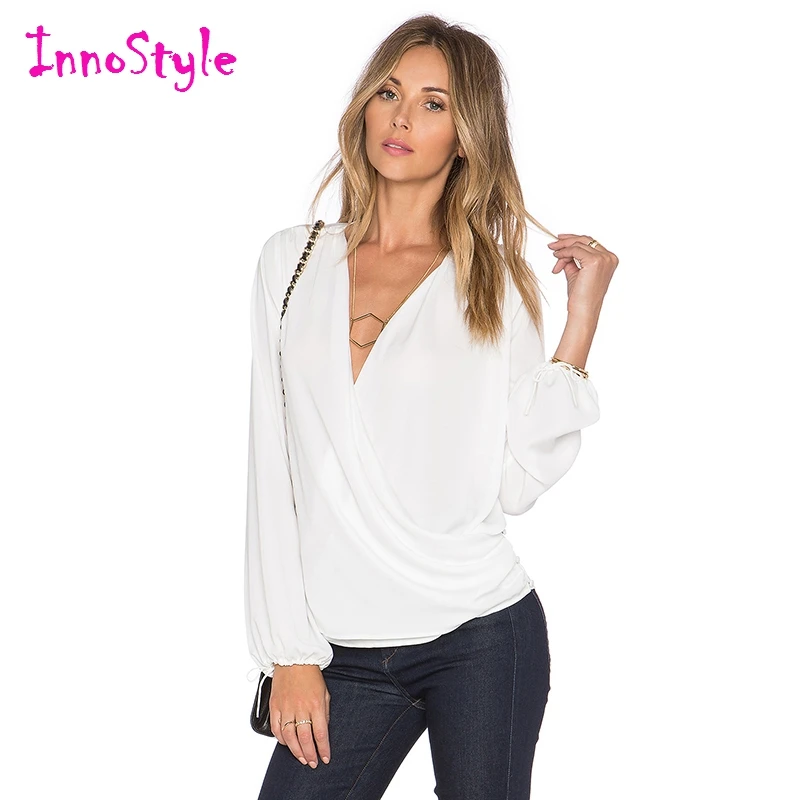 V neck wrap blouses womens white long sleeve blouses