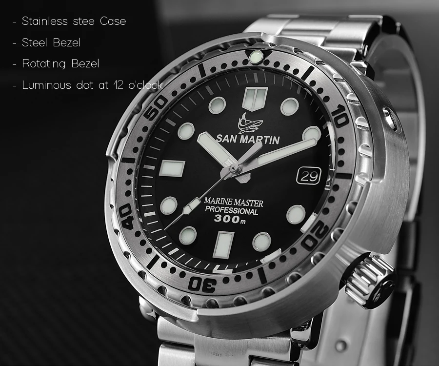 Lugyou Сан Мартин тунец автоматические мужские часы для дайвинга нержавеющая сталь 30 бар NH35 черный циферблат отображение даты металлический браслет Супер свечение