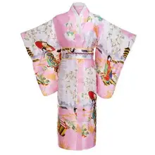 Винтаж розовый японский Для женщин атлас кимоно классический юката хаори Новинка Вечеринка платье цветок Косплэй костюм один размер JK002
