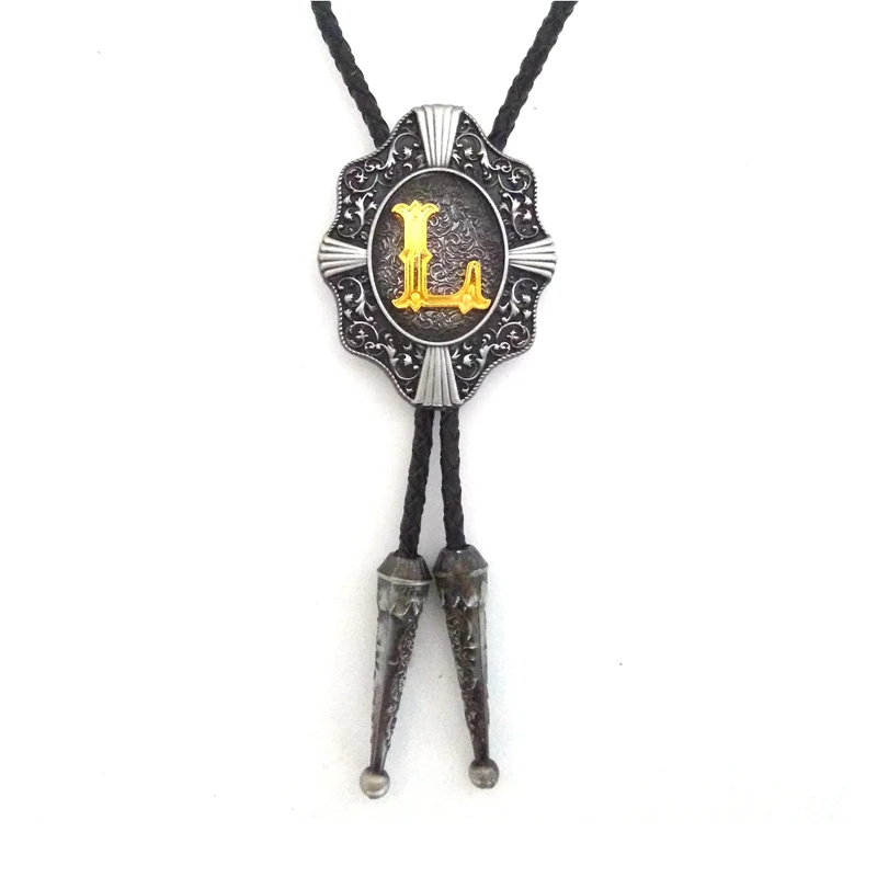 Western cowboy bolo tie for men Black leather metal buckle With Gold