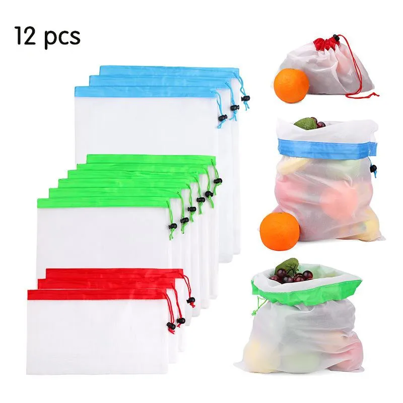 12Pcs Reusable Mesh Produce Bags Washable Premium See Through
