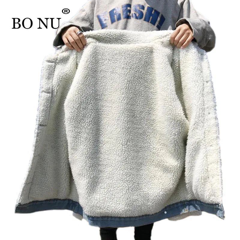 

BONU Lamb Fur Denim Jacket Autumn winter woman Jean Parka Streetwear Thick Female Jacket Long Sleeve Coat Female bomber jacket