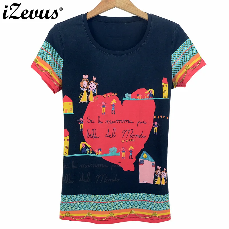 Женская летняя футболка IZEVUS, новинка, топы с героями мультфильмов для девочек, в форме сердца, хлопковая футболка с коротким рукавом, футболка с круглым вырезом, женская одежда