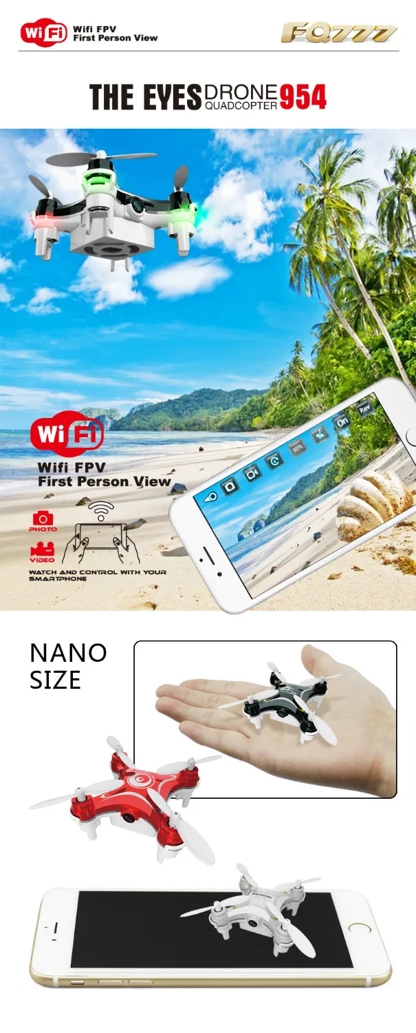 Квадрокоптер FQ777 954 BNF Eyes RC Nano WIFI камера FPV GYRO без пульта дистанционного управления